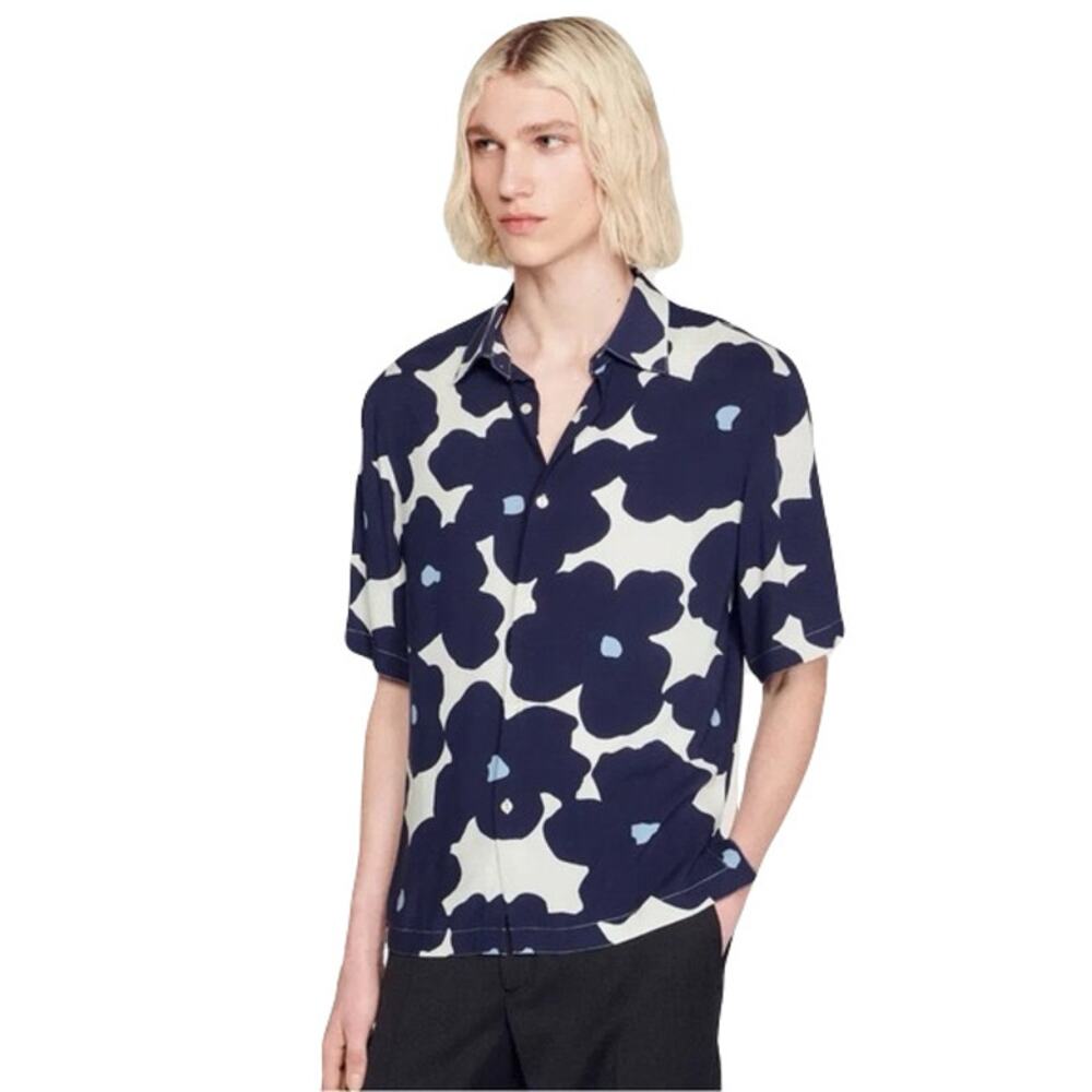 nwot SANDRO Shirt XXL Floral Navy White Button-Up Short-sl Slit Sides Viscose